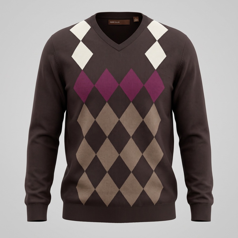 Perry Ellis Mens Large Brown Argyle V-Neck Sweater Cotton Rayon Blend Pullover